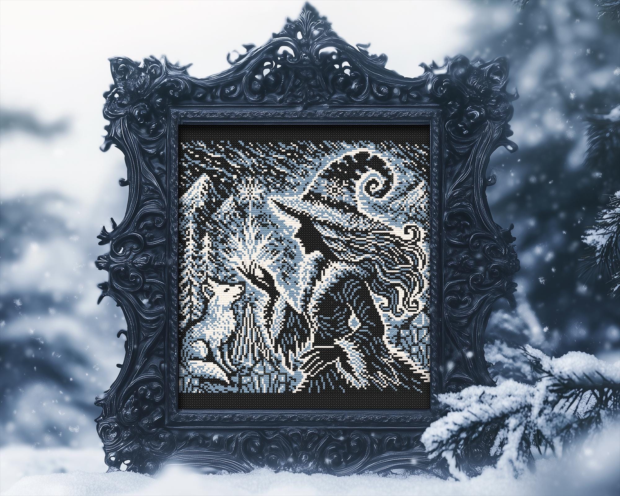Woodcut Blizzard Witch Cross Stitch Pattern - Image 4