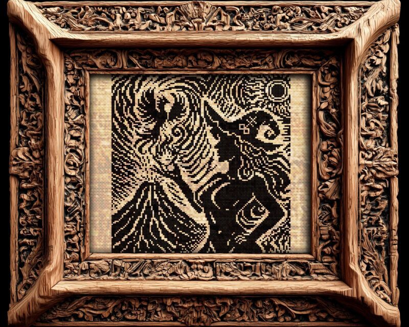 Woodcut Pyromancer Witch Cross Stitch Pattern