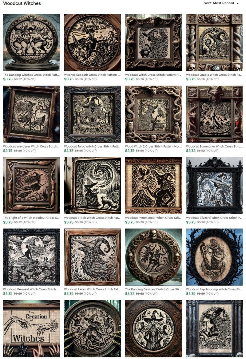 Woodcut Witches Cross Stitch Pattern Bundle -20 Designs - Image 2