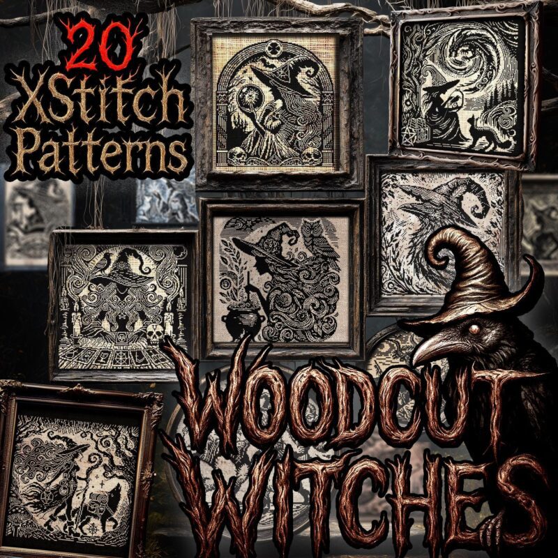 Woodcut Witches Cross Stitch Pattern Bundle -20 Designs