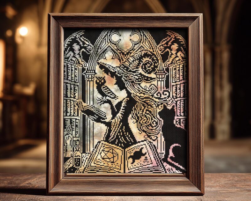 Woodcut Lore Keeper Cross Stitch Pattern