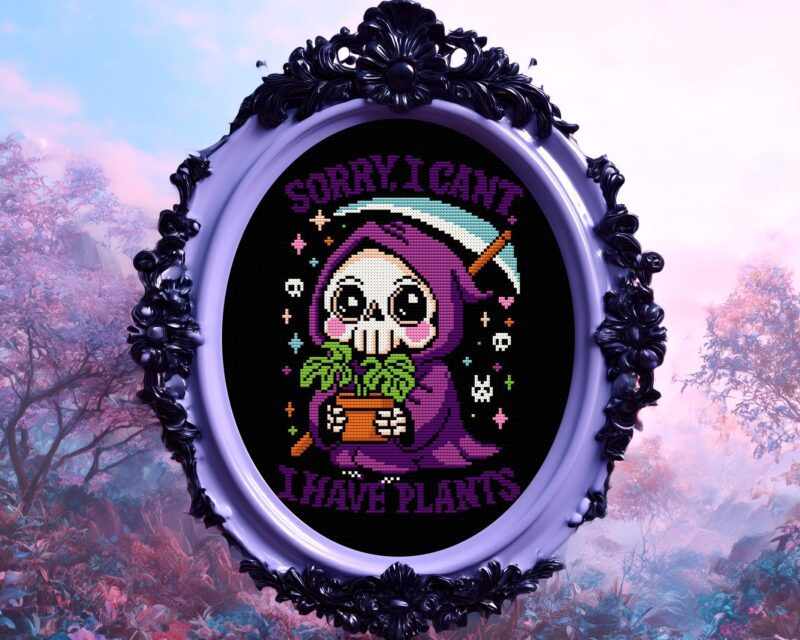Pastel Goth Grim Reaper with Plants Cross Stitch Pattern - Image 2