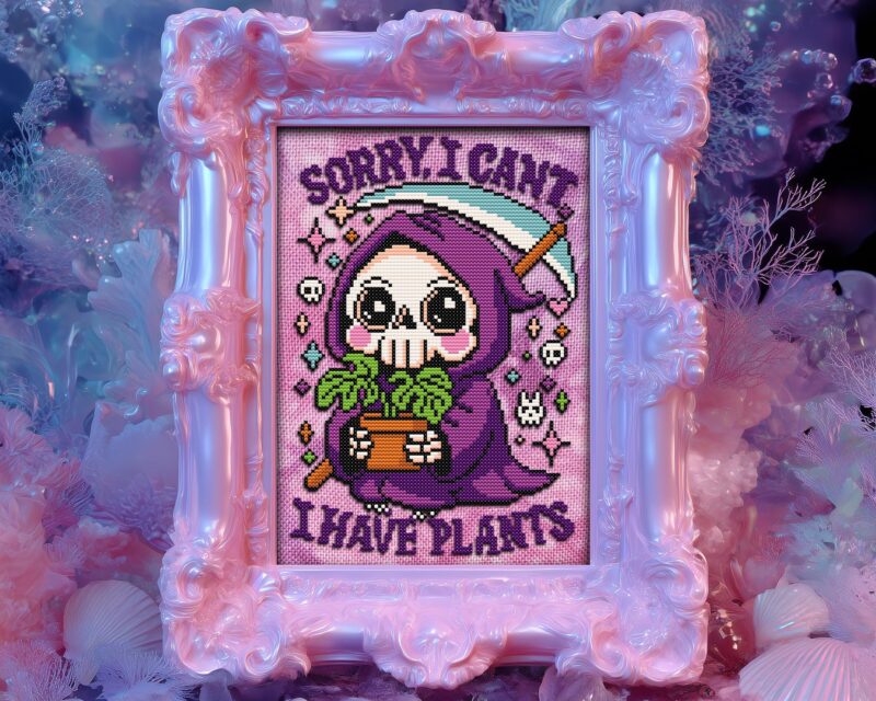 Pastel Goth Grim Reaper with Plants Cross Stitch Pattern