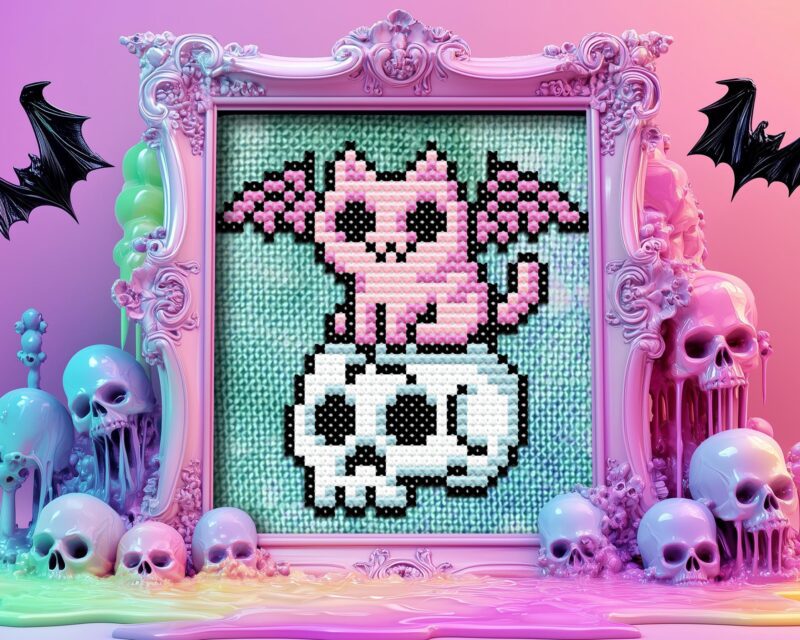 Mini Pastel Goth Cat on Skull Cross Stitch Pattern
