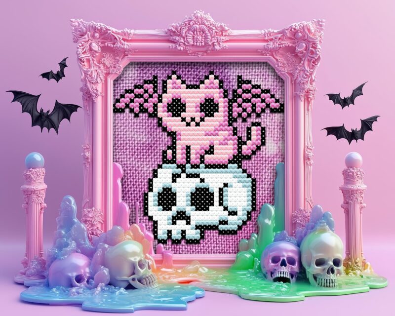 Mini Pastel Goth Cat on Skull Cross Stitch Pattern - Image 2