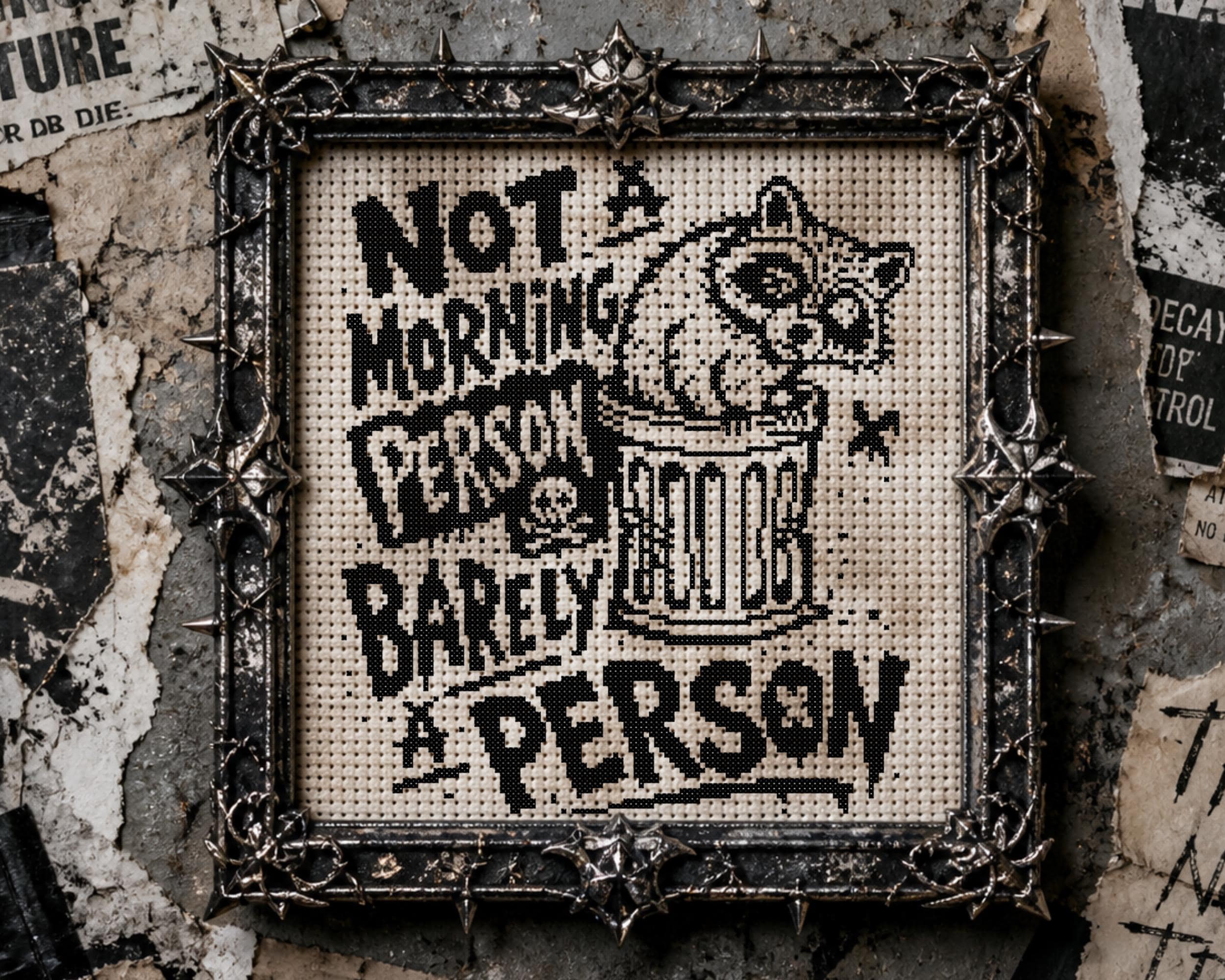 Not a Morning Raccoon Cross Stitch Pattern